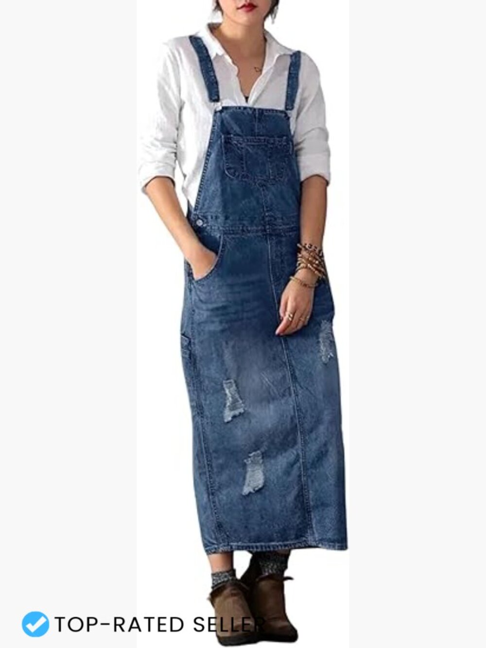 Distressed Denim Overall Dress A-Line Pinafore Jean Dress
